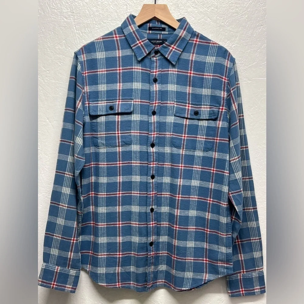 LUCKY Brand - Men's Button-Down Humboldt Woven Long Sleeve Flannel Shirt - Blue